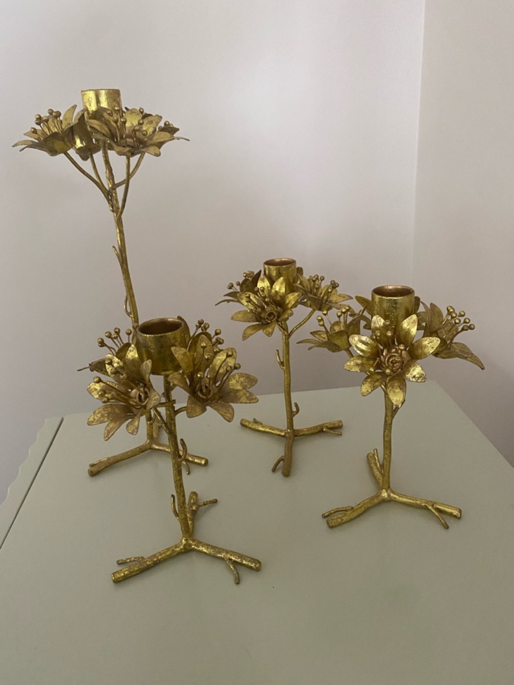 Anthropologie Gold Floral Metal Candle Holders Set of 4